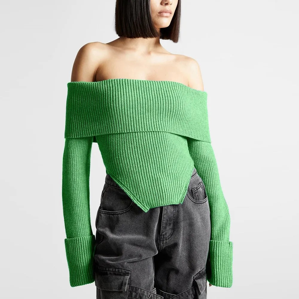 TWOTWINSTYLE Solid Temperament Sweaters For Women Slash Neck Long Sleeve Tunic Irregular Minimalist Sweater Female Fashion Style