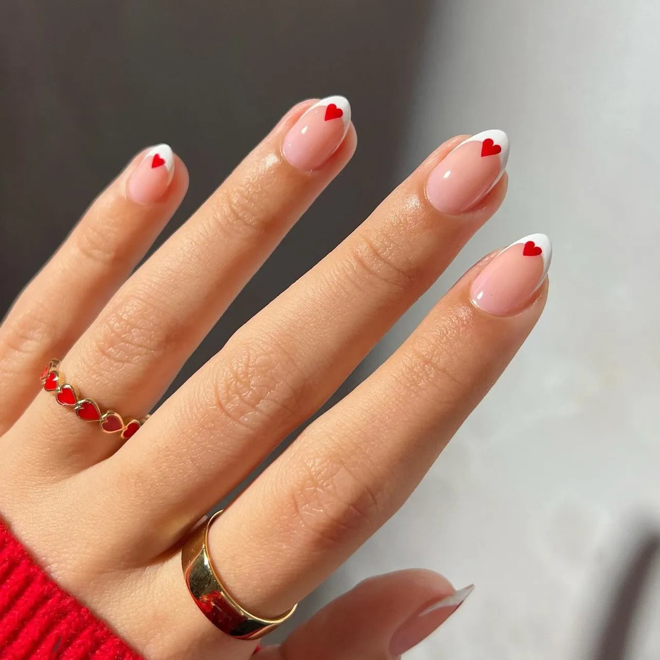 24Pcs Short Almond Press on Fake Nails Full Cover Glitter Sweet Cute Red Nails French Bow Tie Wearable False Nail Valentine Day