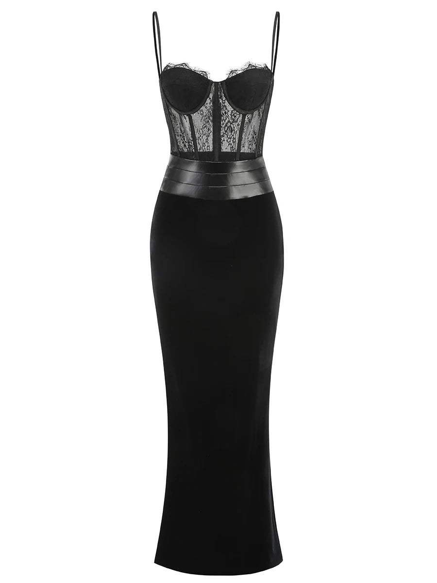 Black Color Women Sleeveless Sexy Strap Lace Bodycon Long Dress Valentine's Day Celebrate Birthday Vacation Outfit Vestido