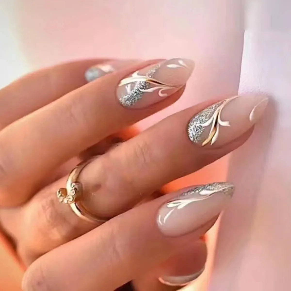 24Pcs Autumn Winter Matte Almond False Nails with Glue Rose Leaf Printing Nail Art Simple Full Cover Press on Acrylic Nails Tips