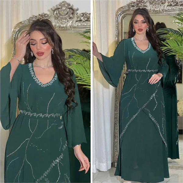 Diamonds Abayas for Women Muslim Evening Party Dress Islam Clothing Arab Robe Saudi Gown Marocain Kaftan Dubai Jalabiya Djellaba