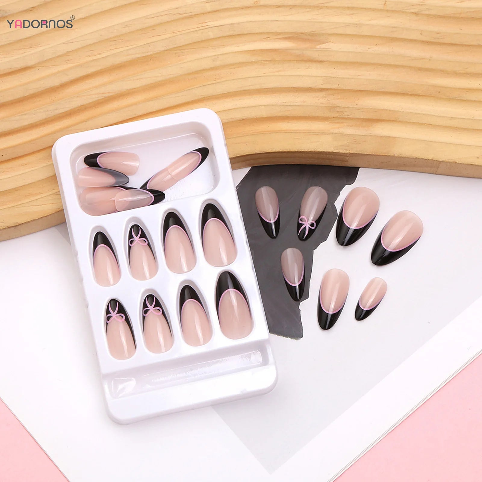 Nude Color False Nails Black French Style Press on Nails Simple Pink Bowknot Pattern Women Girls Charms Fake Nails 24Pcs