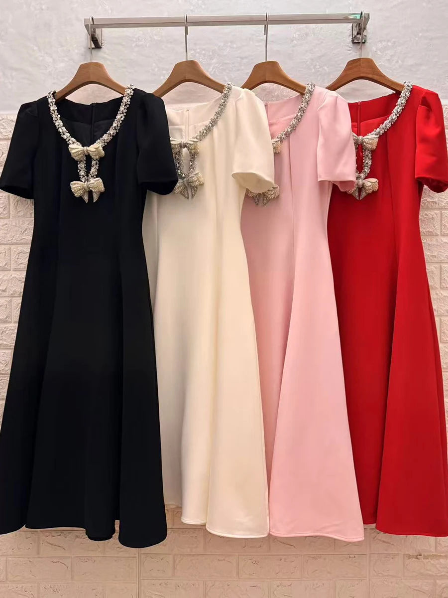 TWOTWINSTYLE Solid Slimming Spliced Bowknot Elegant Dresses for Women Round Neck Short Sleeves Patchwork Bead Dress Female New