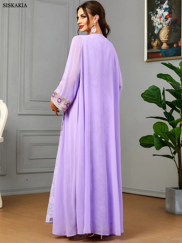 Moroccan 2 Piece Abaya Set Jilbabs For Woman Chic Purple Chiffon Lace Tape Belted Arabic Gown Ramadan Musulmane Caftan