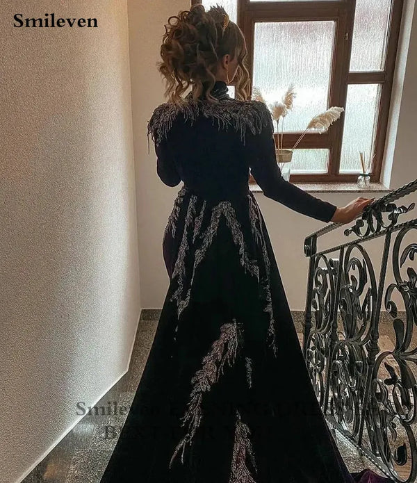 Black High Neck Lace Mermaid Evening Dress Long Sleeve Saudi Arabia Prom Dresses Side Split Caftan Party Gowns