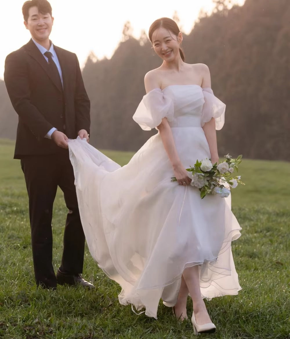 Vestido de novia hecho a medida con hombros descubiertos, Organza Civil, mangas cortas, vestidos de novia de color marfil de Corea, vestidos de novia para mujer 