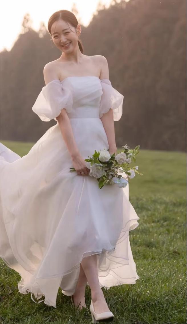 Vestido de novia hecho a medida con hombros descubiertos, Organza Civil, mangas cortas, vestidos de novia de color marfil de Corea, vestidos de novia para mujer 