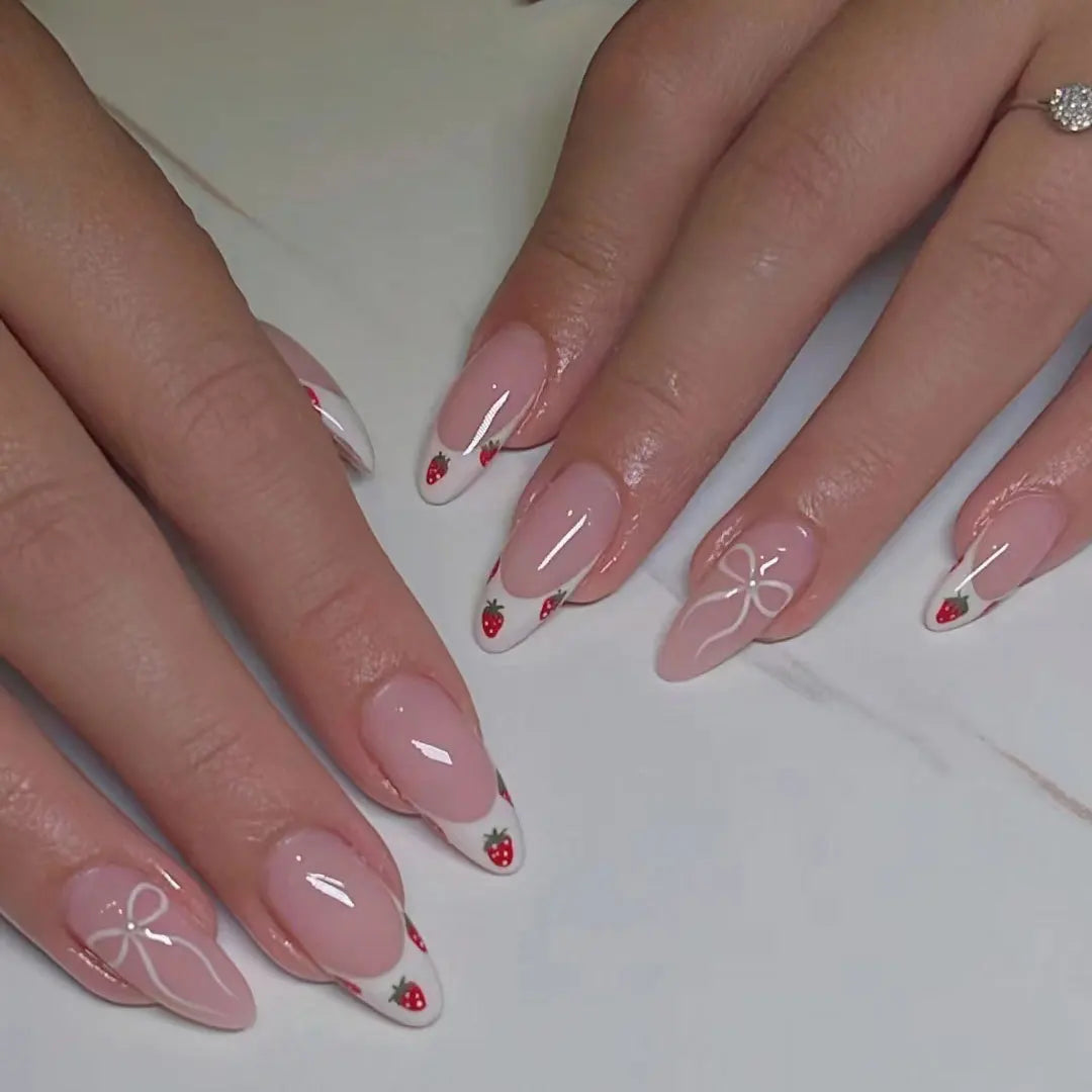 24Pcs Sweet Pink Almond Fake Nails Pearl Bow Wearable Nails Stickers Wearing French White Edge Removable Acrylic Nails Tips Art