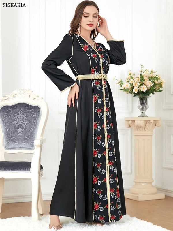 Prom Dresses 2023 Floral Embroidery Belted Kaftan V-Neck Beading Party Dress Jalabiyat Ramadan Abaya Clothes For Women