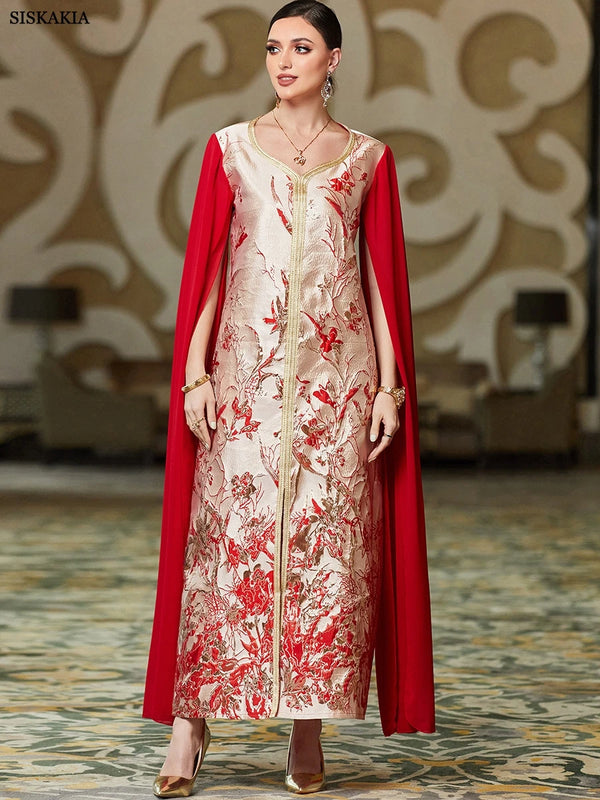 Fashion Dubai Royal Caftan Women Chic Printing Super Full Sleeves V-Neck Belted Clothing Evening Long Dresses Elegant