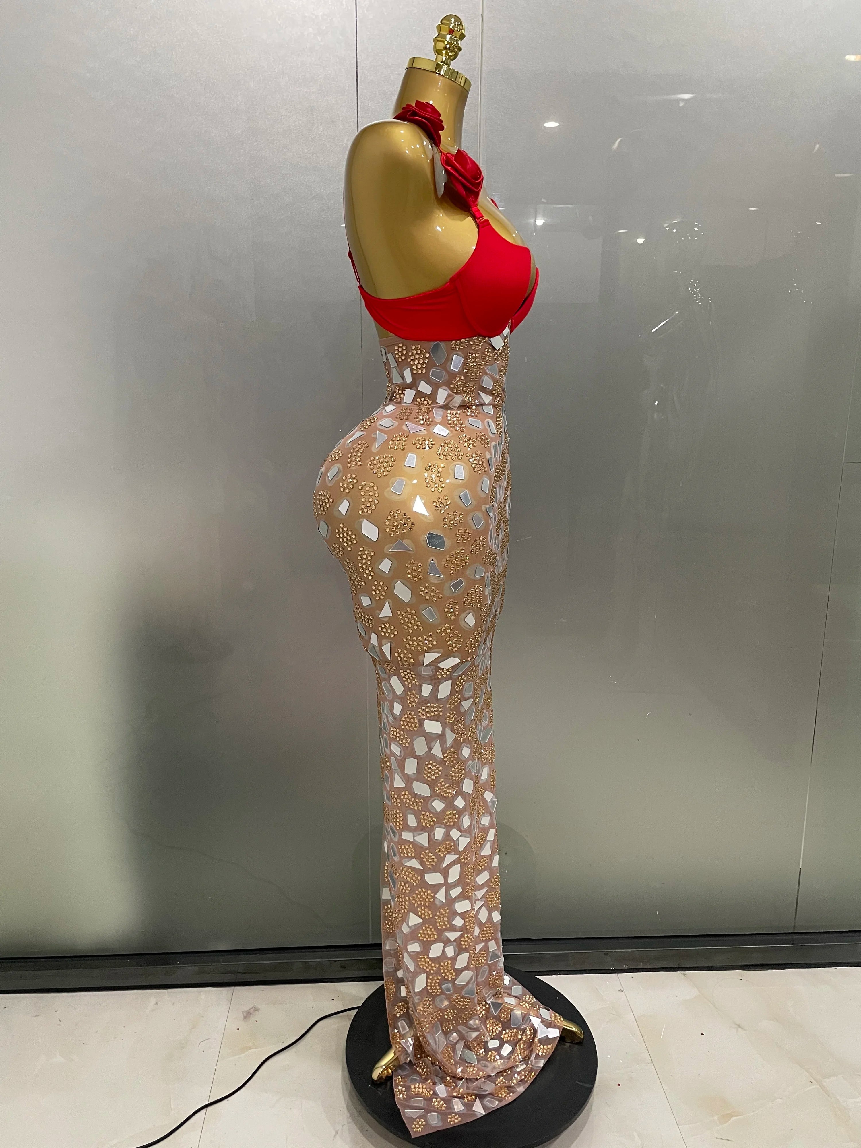 Sexy Sparkly Rhinestones Mesh Mirrors Red Roses Long Dress  2025 New Women Elegant Evening Party Club Stage performance Costume