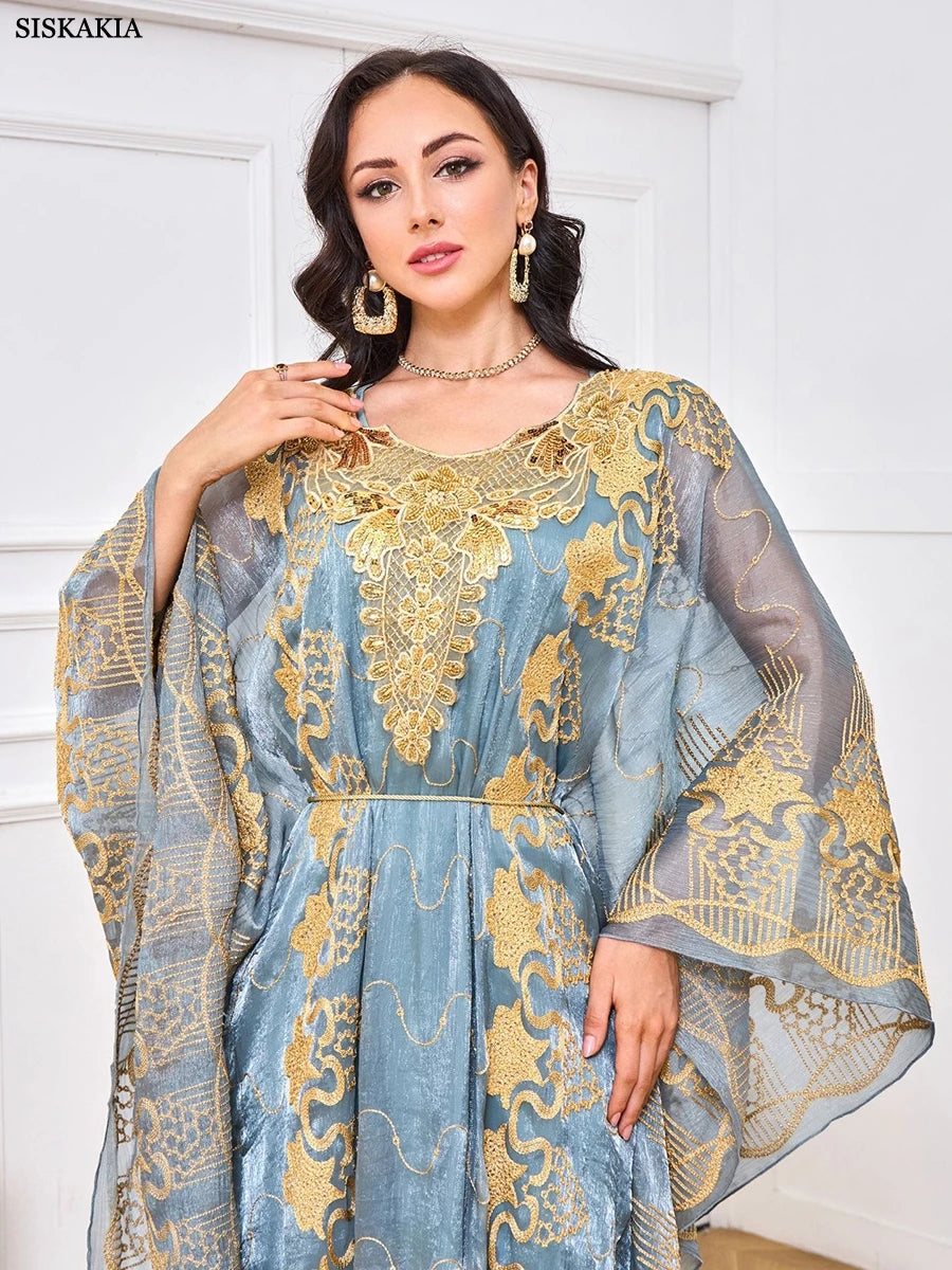 Fashion Ethnic Turkish Abaya Woman Muslim Dubai Mesh Embroidery Belt Kaftans 2 Piece Suit Elegant Islamic Long Dresses