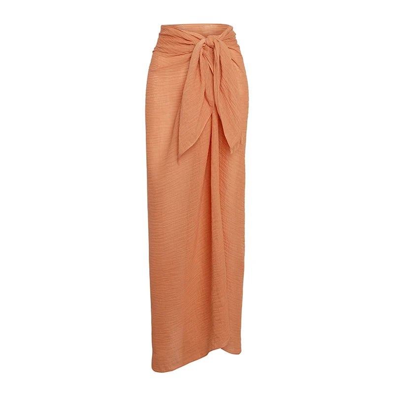 Beach Cotton Line Long Skirt Set For Women Brown Lace Up Cardigan High Slit Knot Skirts Summer 2 Pieces Vacation Beach Outfits