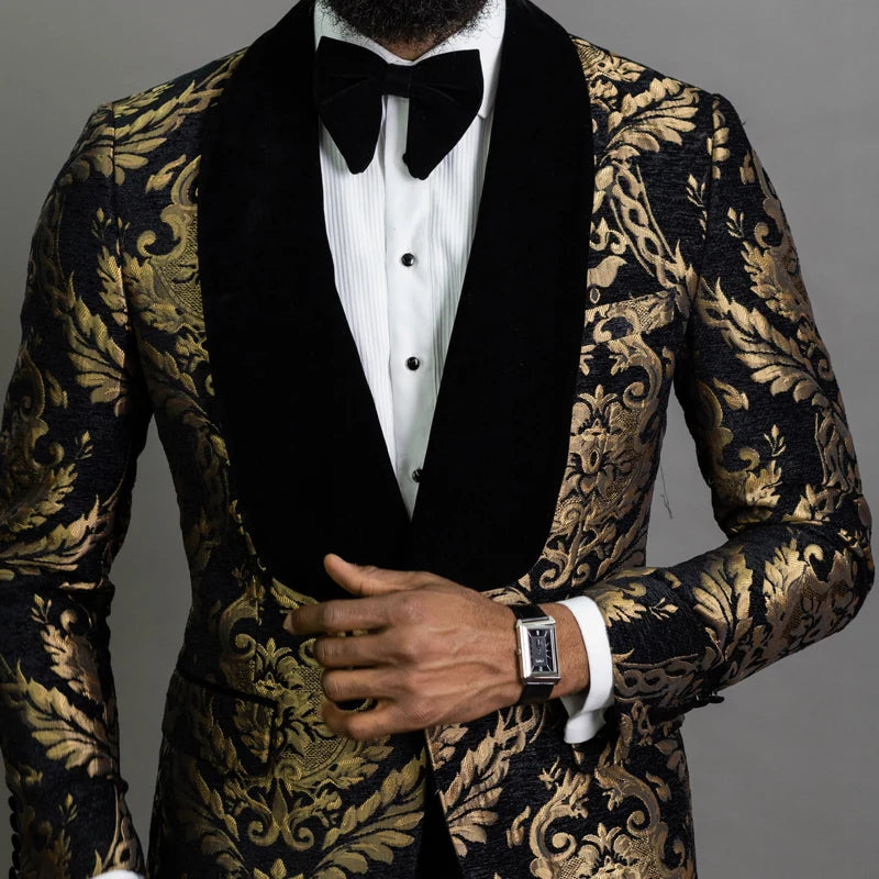 Black Floral Jacquard Men Suits for Prom 2 Piece Slim Fit with Velvet Shawl Lapel Wedding Groom Tuxedo Male Fashion Clothes 2023