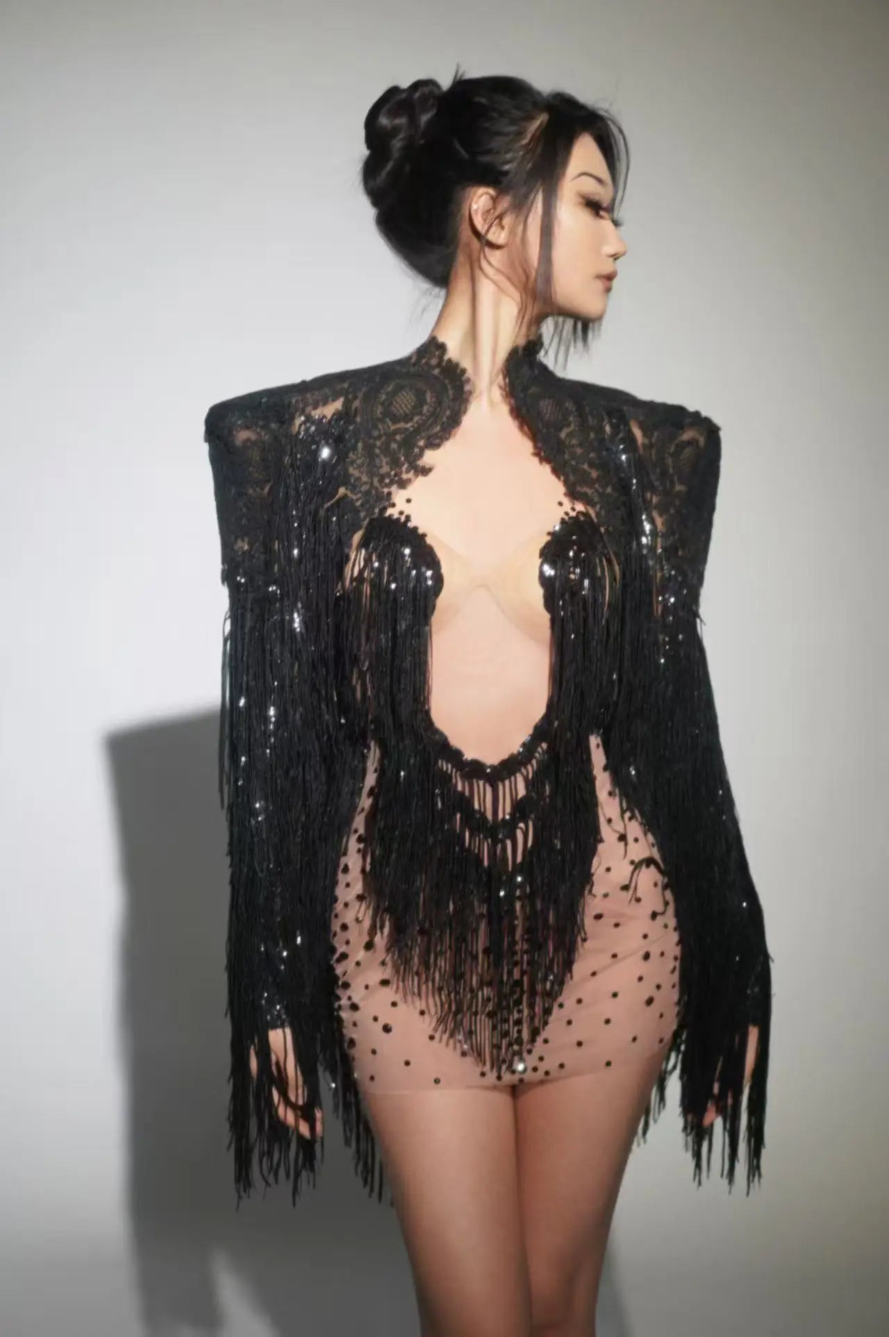 2025New Arrival Sparkly Rhinestone Sequin Tassel Coat And Skirt 2Pcs Women Birthday Party Nightclub Dj Stage Performance Costume