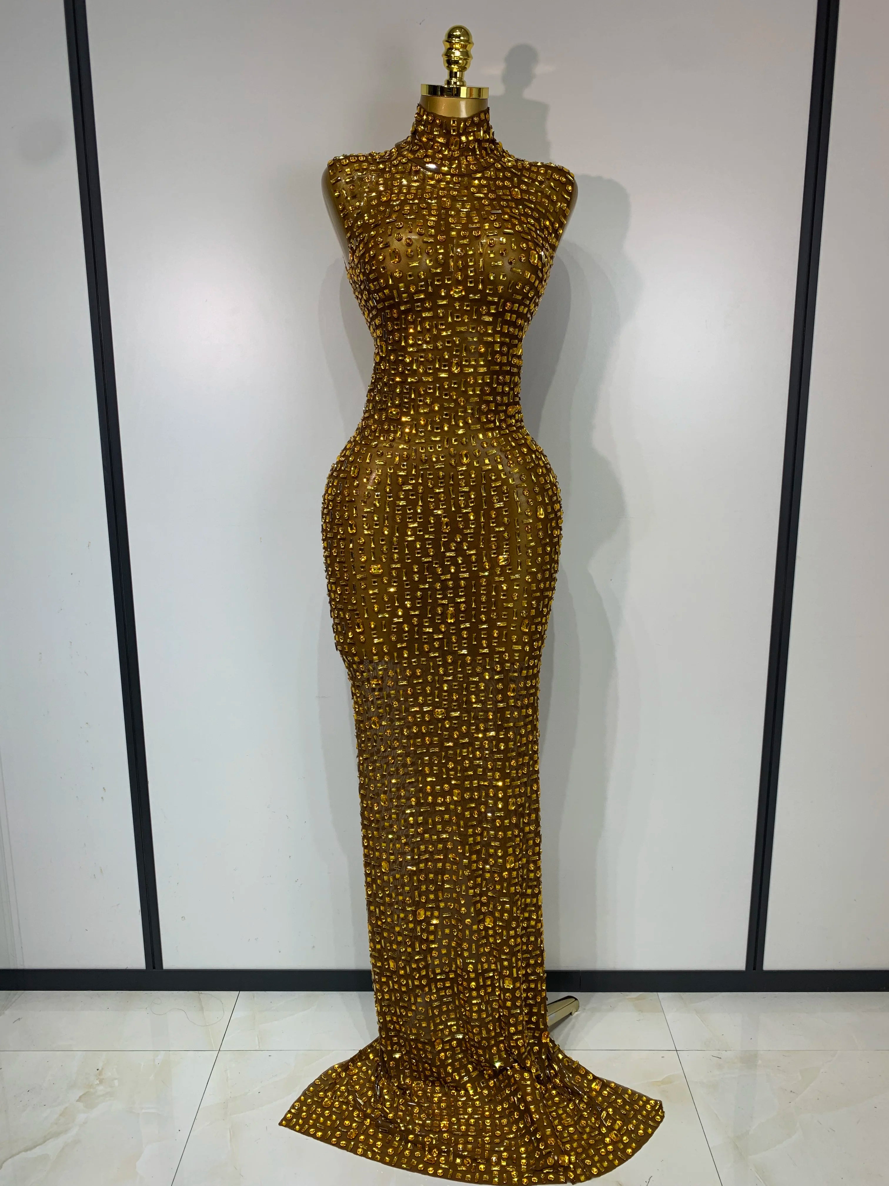 Sparkly Rhinestone Sleeveless Maxi Long Dress Sexy Mesh See Through Luxury Birthday Dress Evening Party Singer Stage Outfit