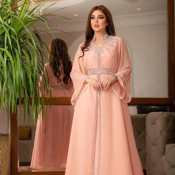 Caftan Arabian Evening Party Jalabiya Rhinestone Women Dress Dubai Robe Islam Clothing Muslim Ramadan Abaya Kaftan Morocco Gown