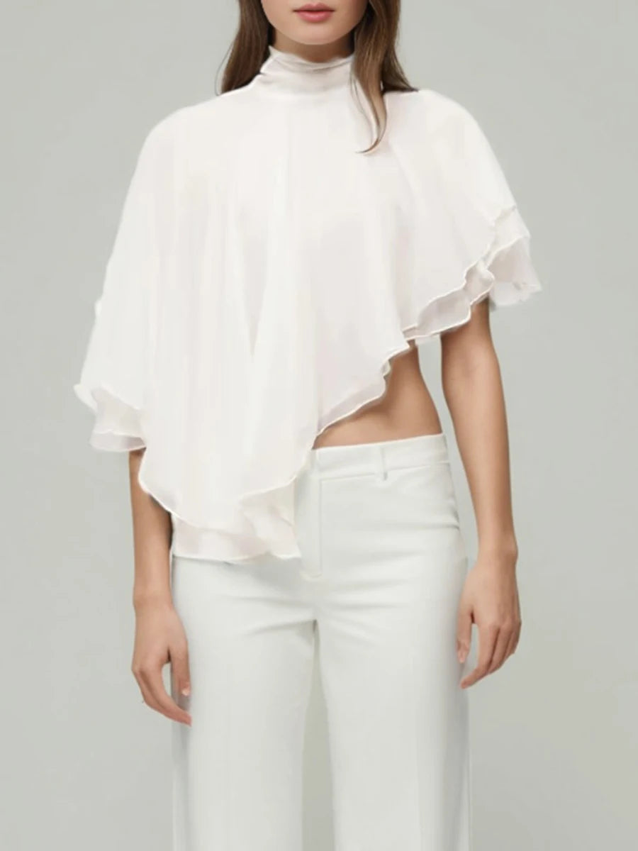 TWOTWINSTYLE Solid Loose Spliced Lace Up Elegant Blouses for Women High Neck Sleeveless Irregular Blouse Female Fashion Clothing