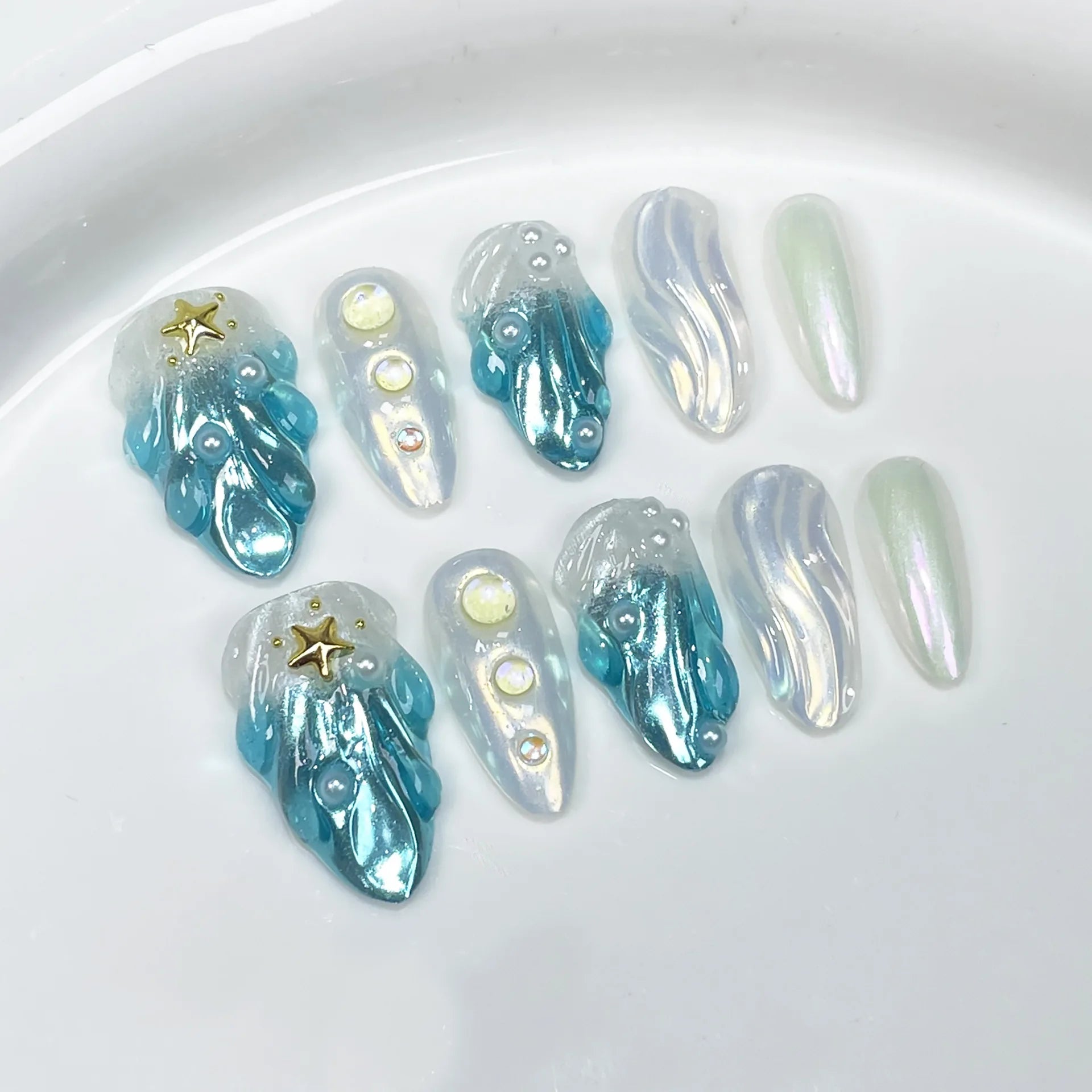 10Pcs Sweet Dreamy Almond Nails Press Ons Aurora Pink False Nails with Glue 3D Wave French Full Cover Acrylic Nail Manicure Tips