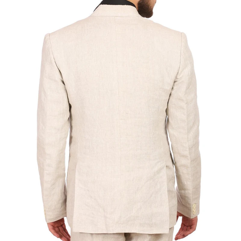 Beige linnen mannen pakken voor prom 2 stuks zomer bruidegom smoking met ingekeed revers aangepaste man modedeksten set blazer met broek