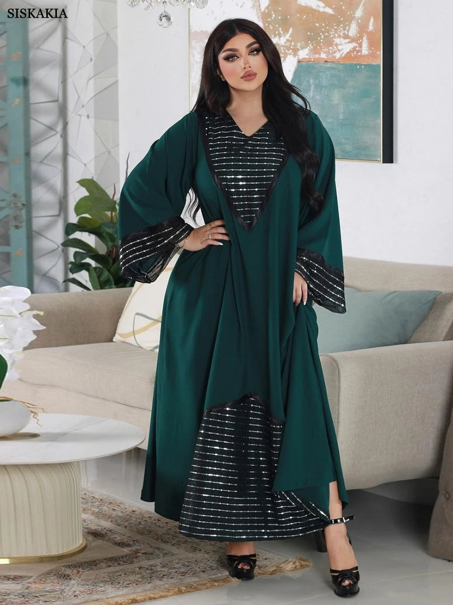 Fashion Sequins Black Mesh Patchwork Dubai Abaya Elegant Casual Full Sleeve V-Neck Long Dress Women Muslim
