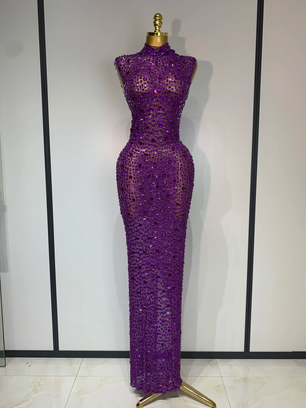 Sparkly Rhinestone Sleeveless Maxi Long Dress Sexy Mesh See Through Luxury Birthday Dress Evening Party Singer Stage Outfit