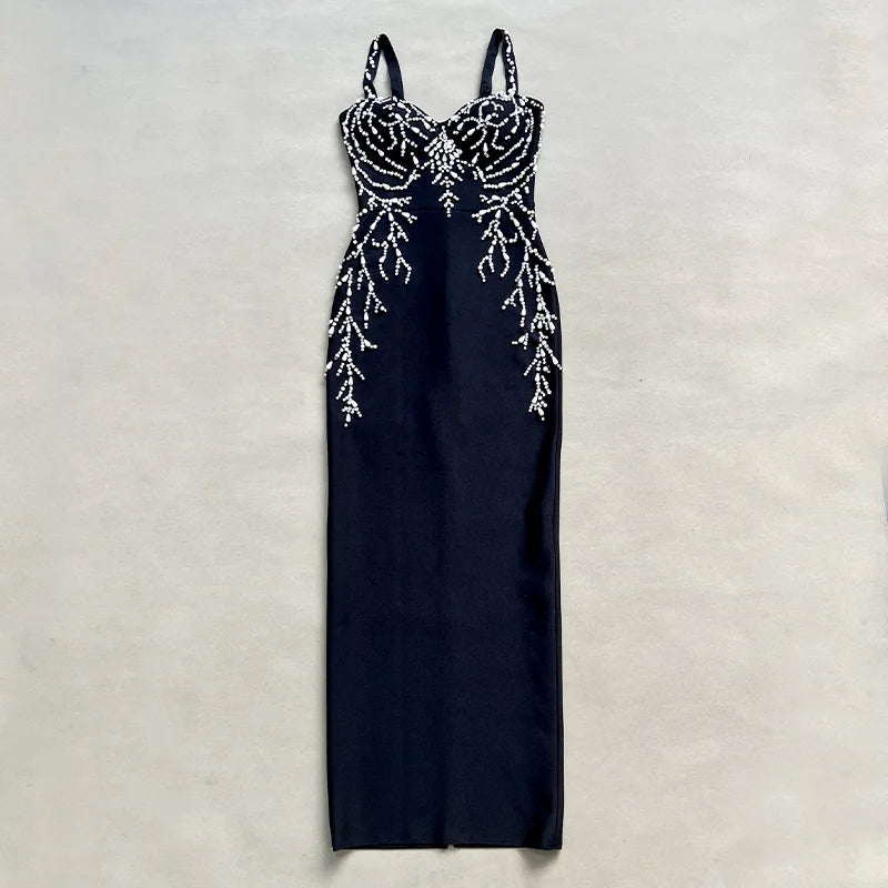 2025 New Summer Women Sleeveless Sexy Strap V-Neck Shinning Crystal Bodycon Long Bandage Dress Celebrate Evening Party Outfit