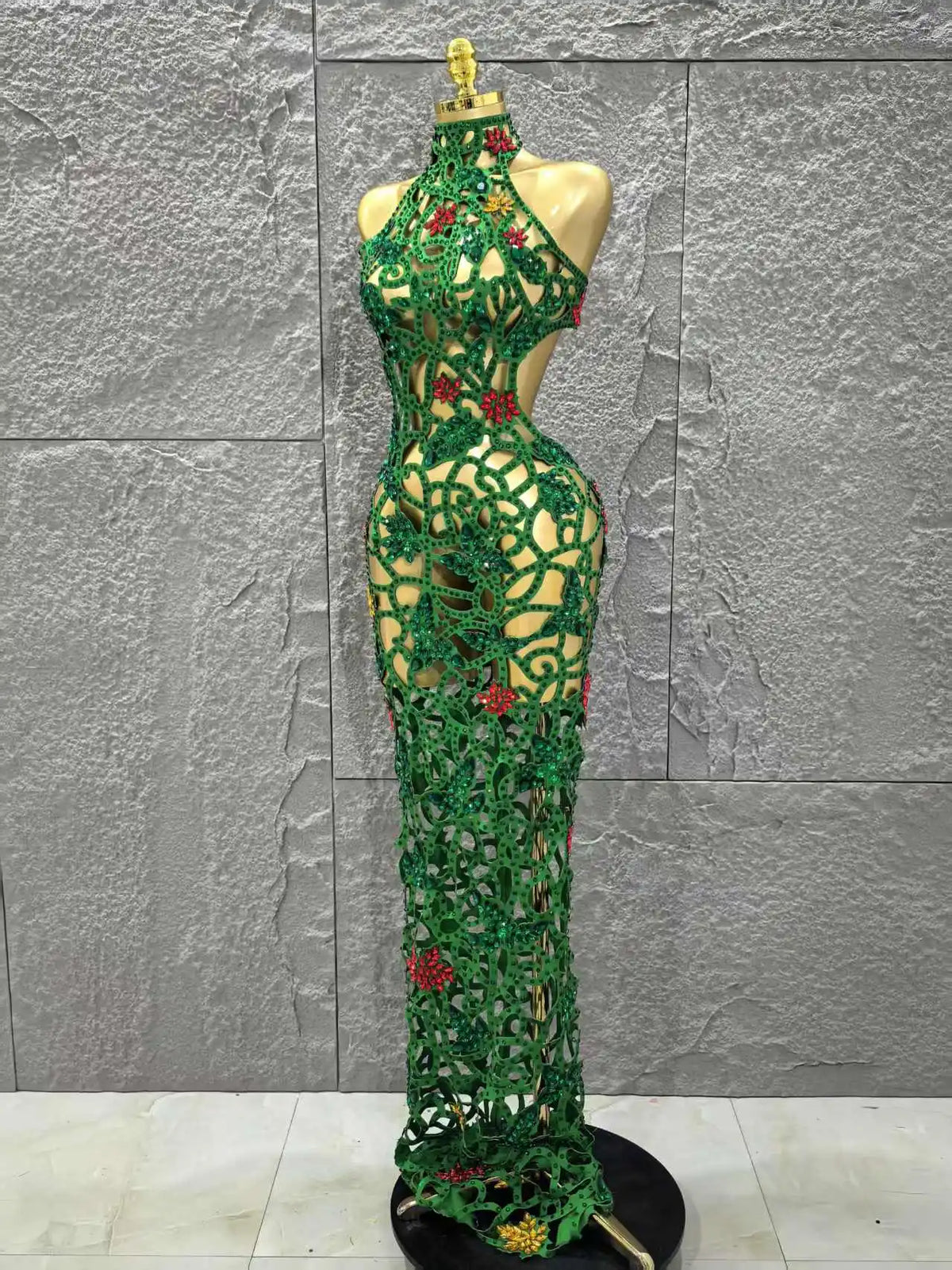 Women Sleeveless Sexy Hollow Out Shinning Rhinestones Bodycon Long Dress Backless Celebrate Nightclub Party Celebrity Stage Wear