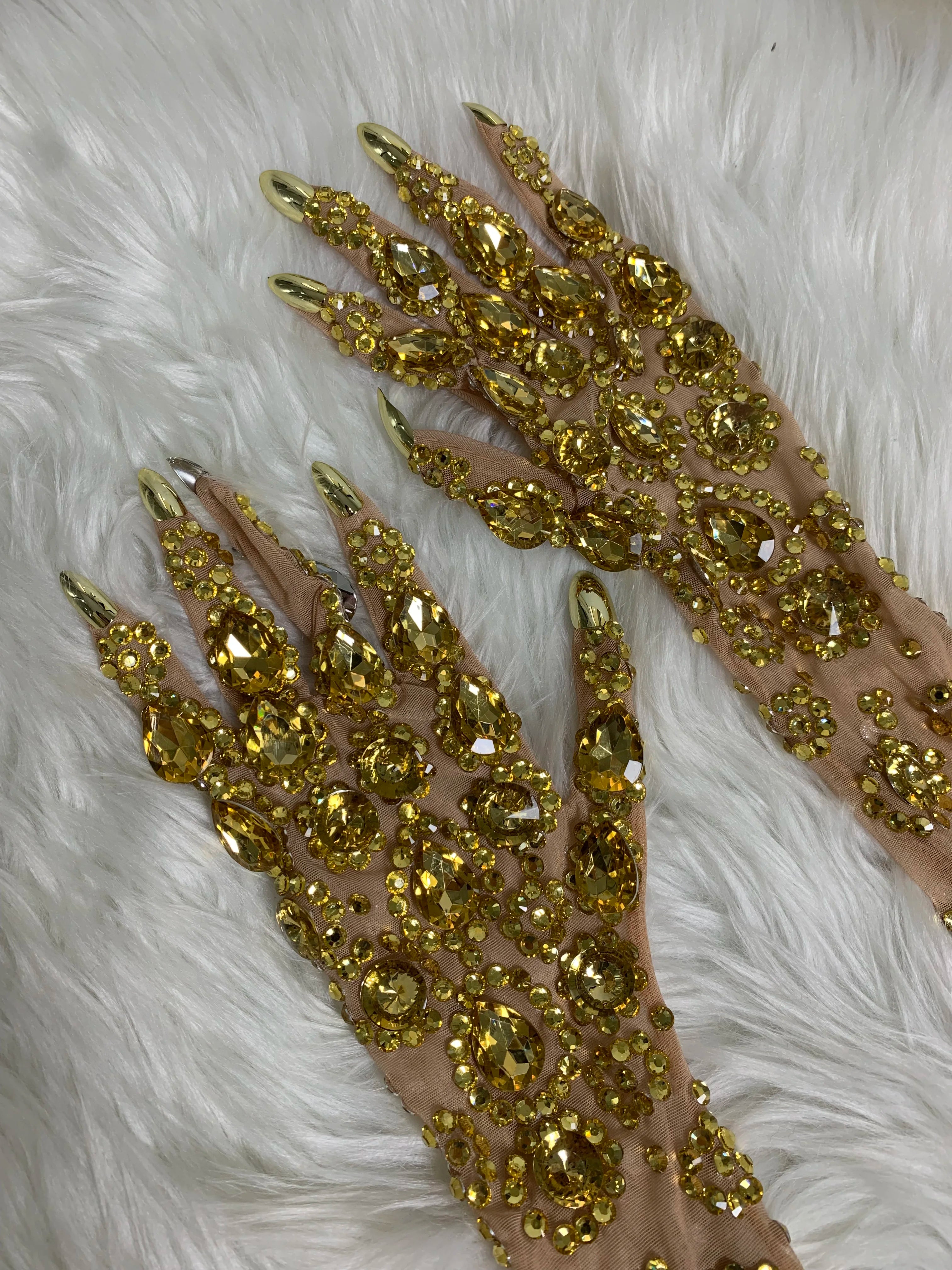 Women Sexy Luxury Gold Rhinestones Mesh Long Gloves Dancer Singer Nightclub Stage Party Show Accessories Sparkly Decoration