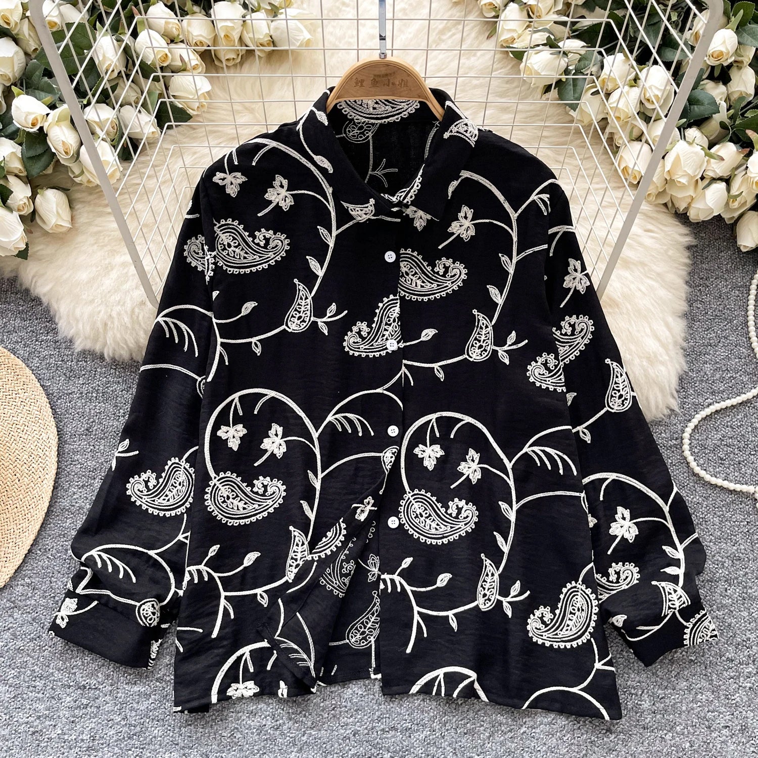 Vintage Elegant Embroidery print turn-down collar Blouse Fashion Single Breasted sweet Shirt  Casual Chic Top Fairy Summer Women