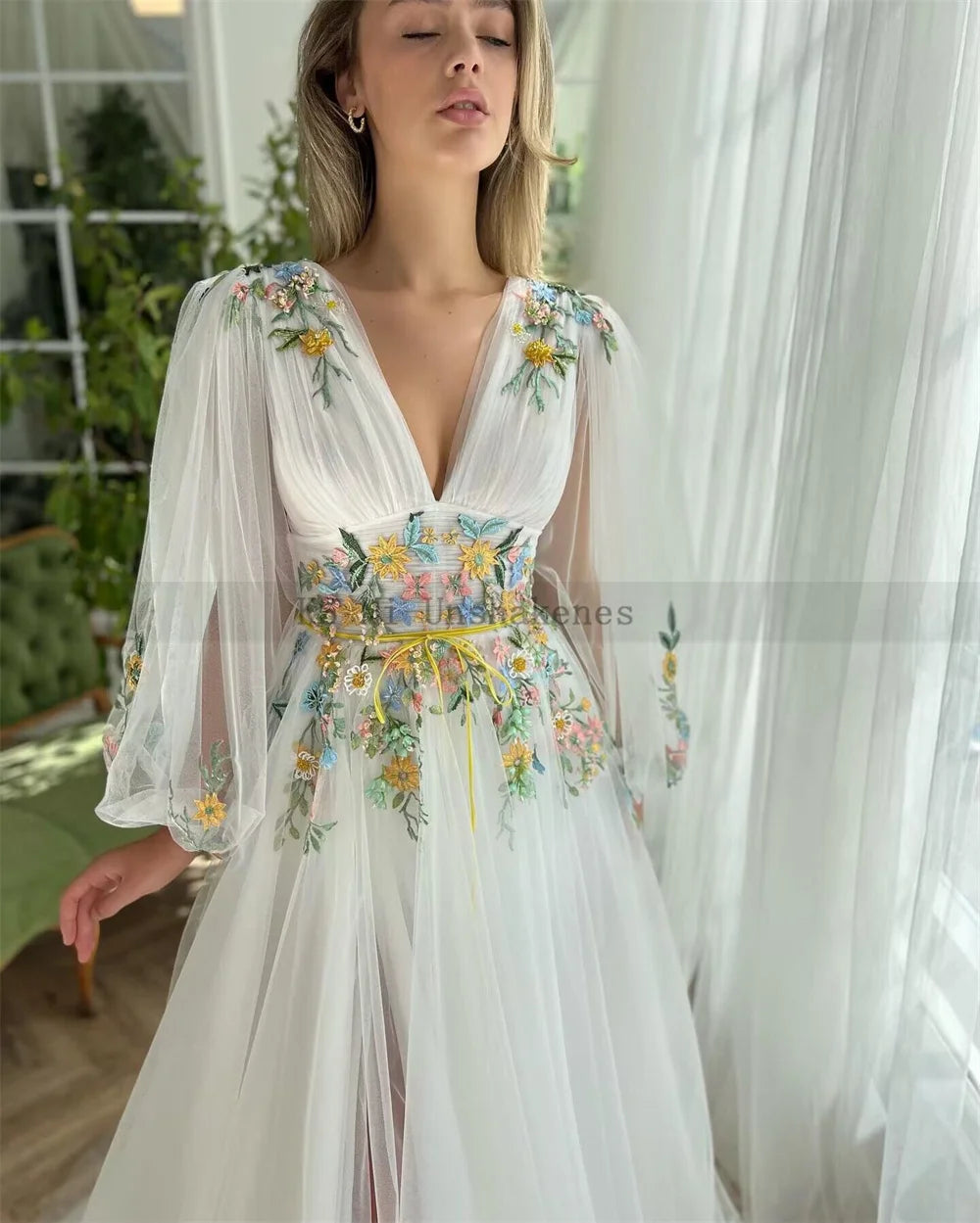 Fairy Boho Wedding Dresses Colorful Lace Embroidery Bride Dress Puff Long Sleeve Wedding Gowns V Neck Split Side Robe de mariee