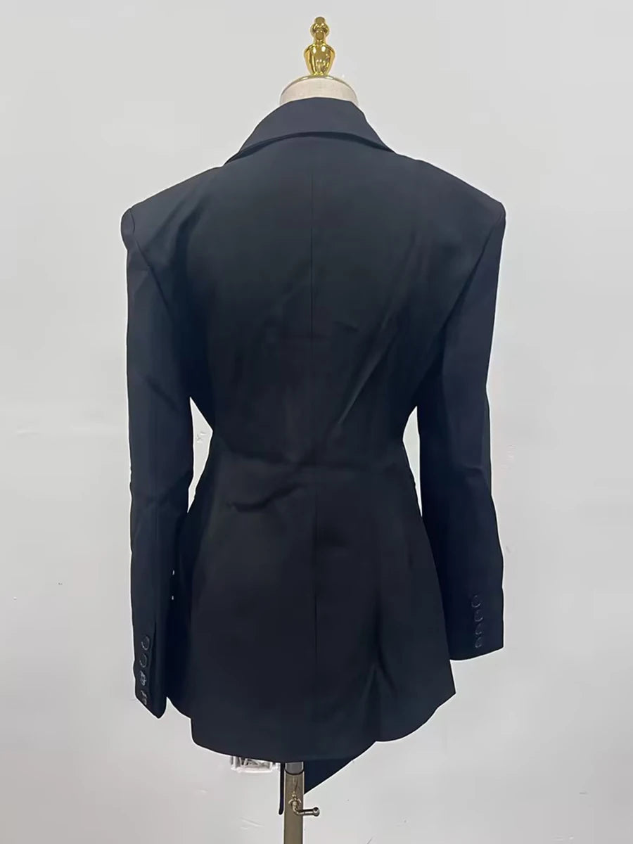 TWOTWINSTYLE Solid Minimalist Blazer For Women Notched Collar Long Sleeve Patchwork Pockets Irregular Coat Female Fashion Style