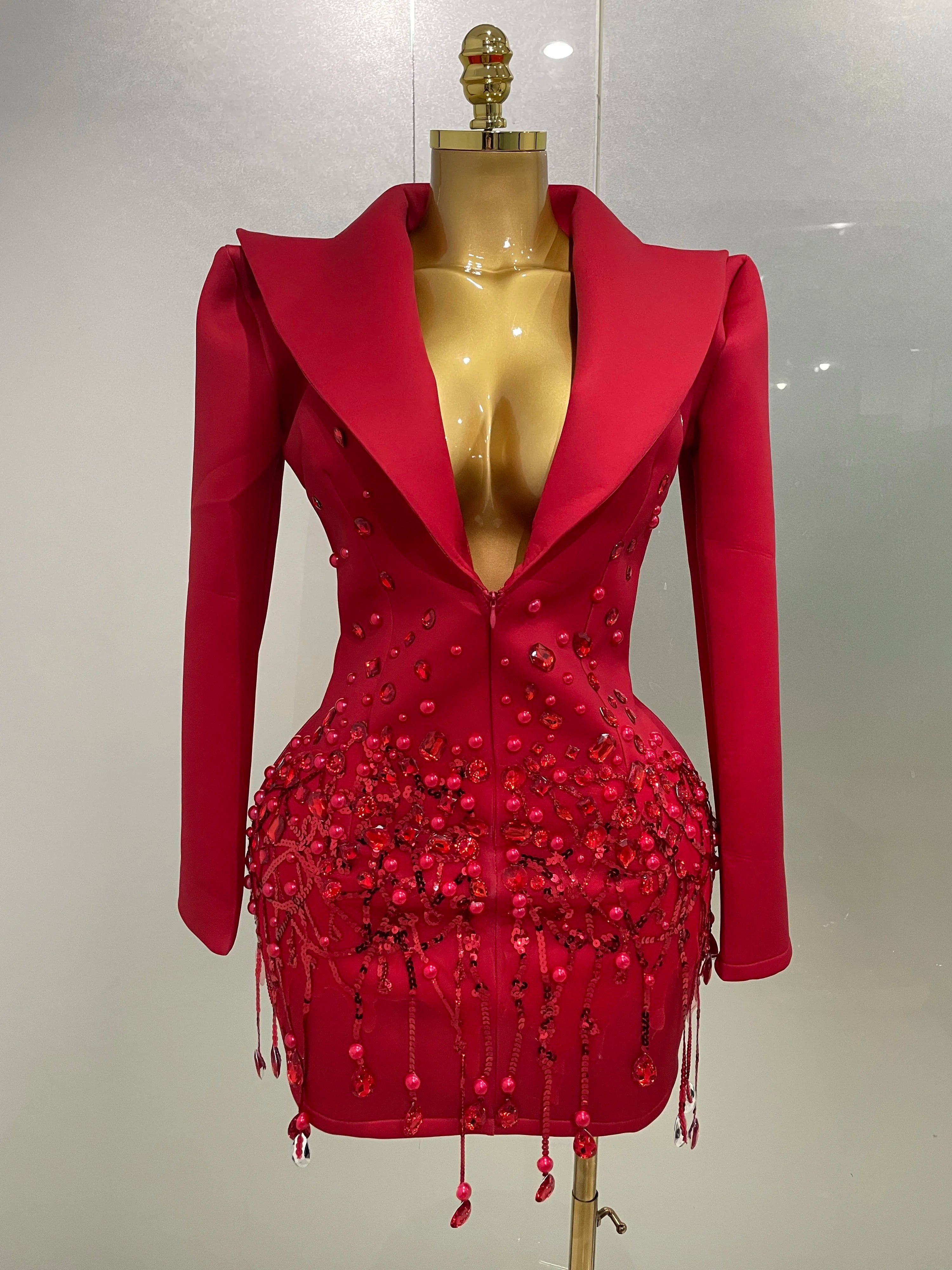 2025 Sparkly Crystal Chains Pearls Long Sleeve Mini Dress Women Birthday Evening Party Nightclub Outfit Singer Wedding Costume
