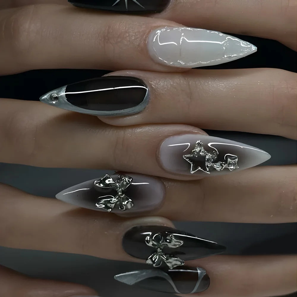 24Pcs Almond Press on Nails Y2K Star Diamond Designs for Cool Girls Nude Color Fake Nails for Women Full Cover False Nail Tips