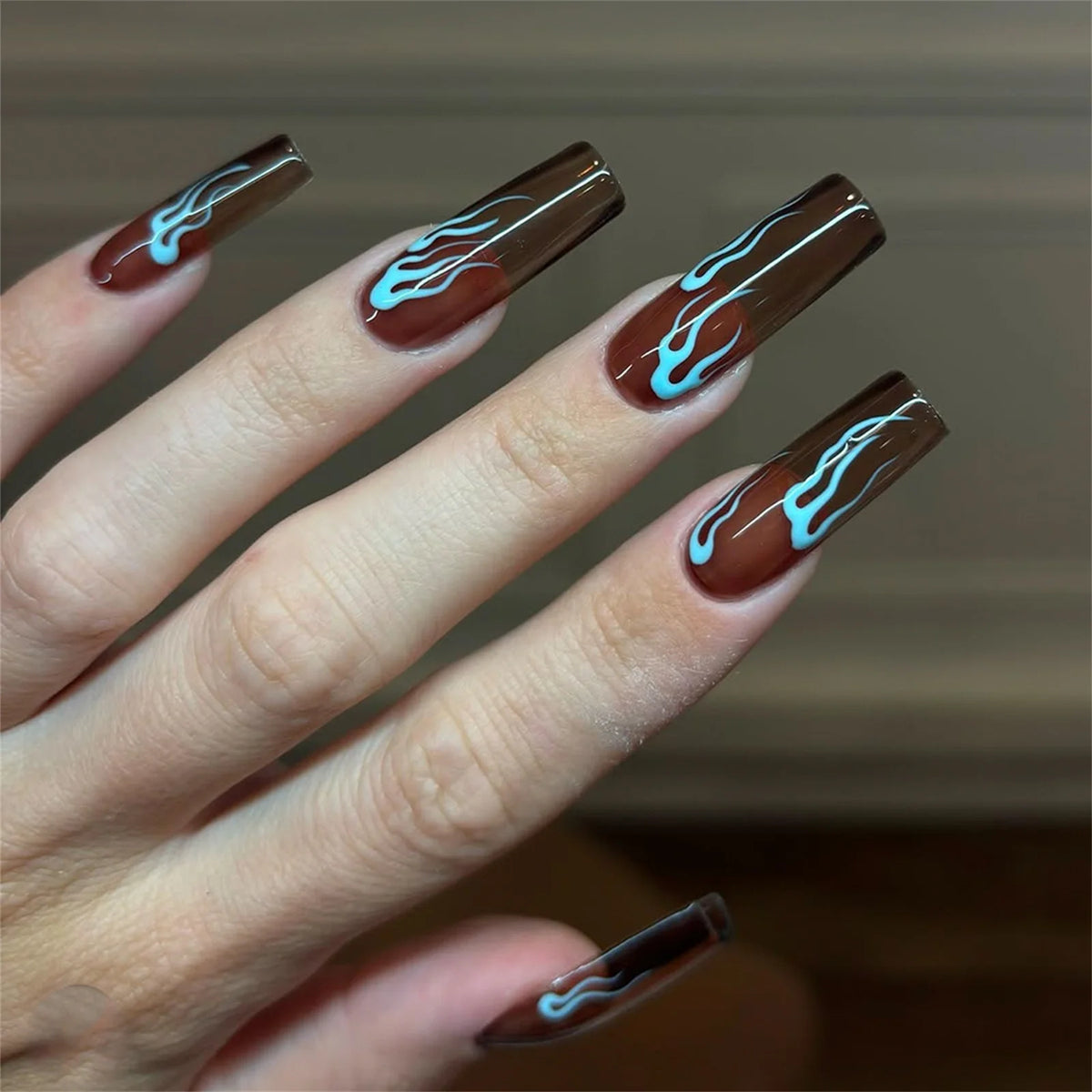 Autumn Coffee Long Coffin False Nails with Blue Flame Pattern Acrylic Press On Nails Full Cover Stick-on Fake Nails 24Pcs