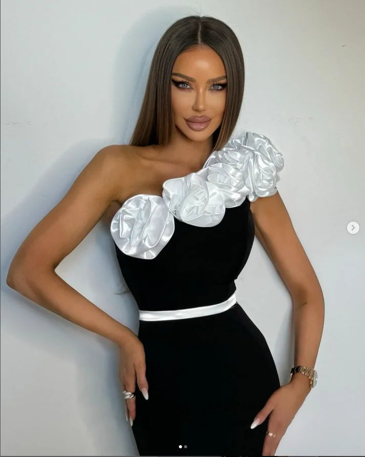 High Quality Women Sexy One Shoulder White Florals Bodycon Bandage Long Dress Fashion Celebrate Evening Party Birthday Dress
