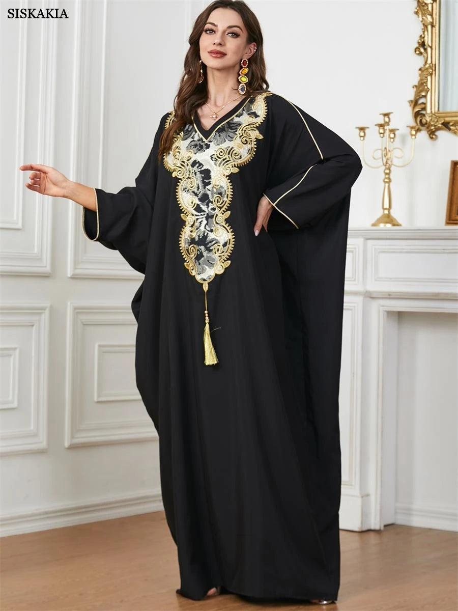 Dubai Turkish Casual Loose Solid Batwing Sleeve V Collar Floral Embroidery And Tassel Abaya Arab African Women Caftan