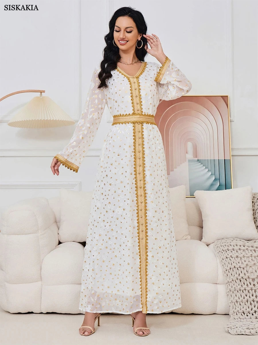 Gold Stamping Evening Party White Mesh Floral Long Sleeve V-Neck Dress With Sashes Moroccan Islamic Dubai Women Kaftan