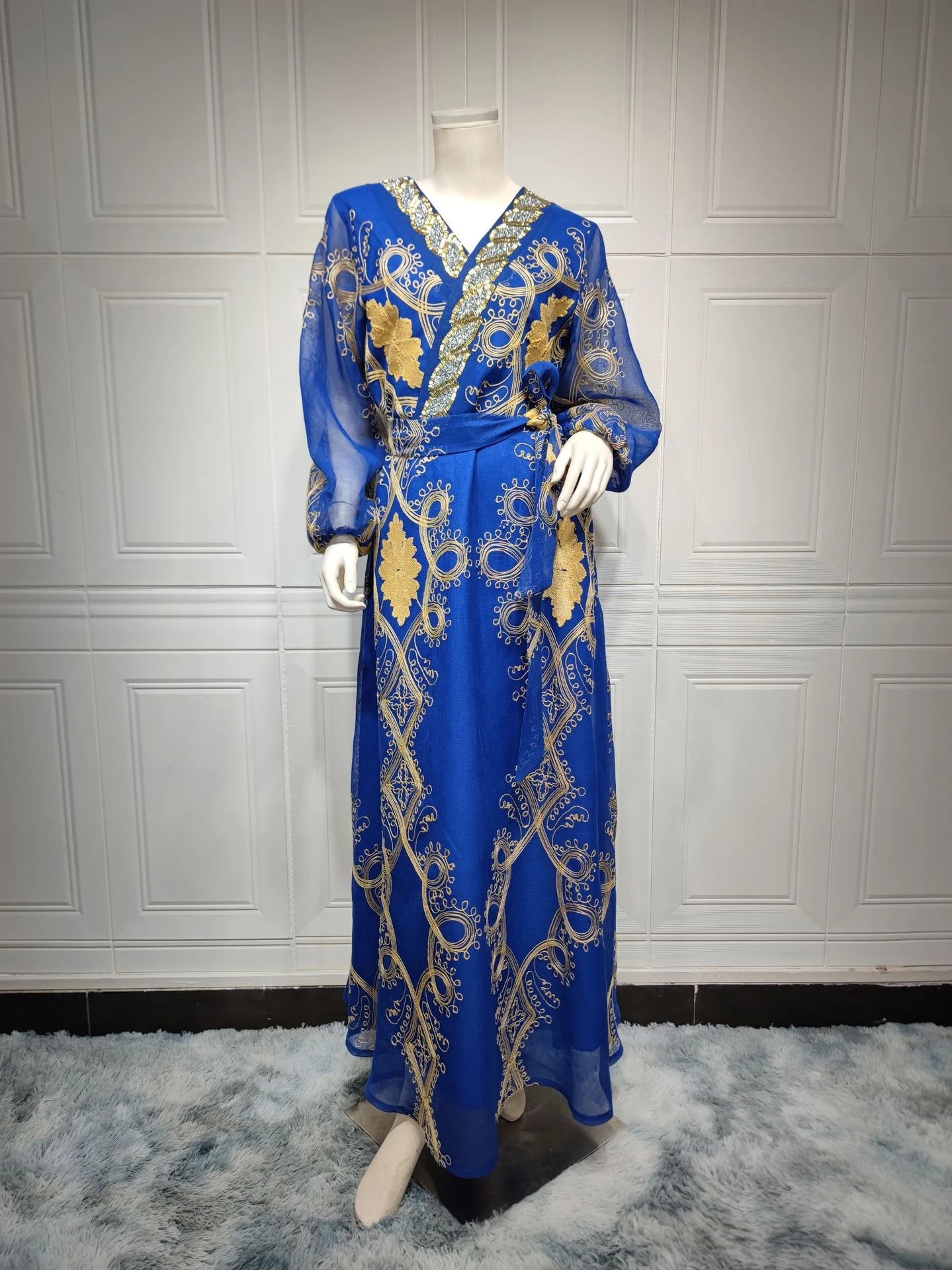 Arab Costumes Female Fashion Chic Mesh Embroidery Full Sleeve V-Neck Belted Clothing Muslim Elegant Women Evening Dress