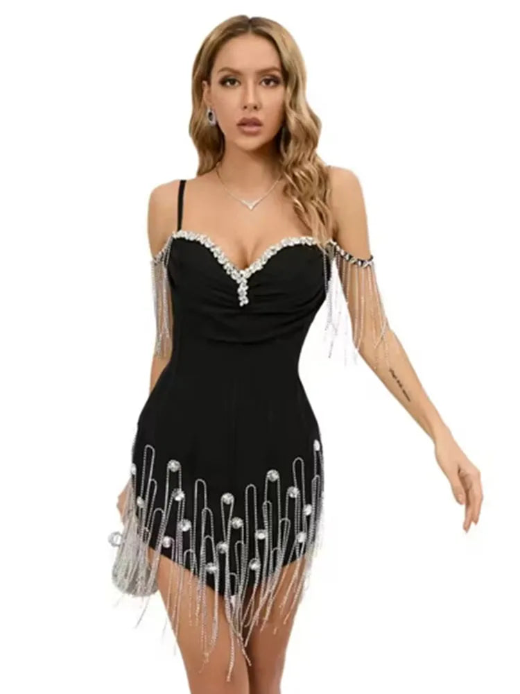 Women Celebrity Sexy Off Shoulder Diamonds Crystal Sparkly Black Bodycon Bandage Dress 2024 Elegant Evening Club Party Dress