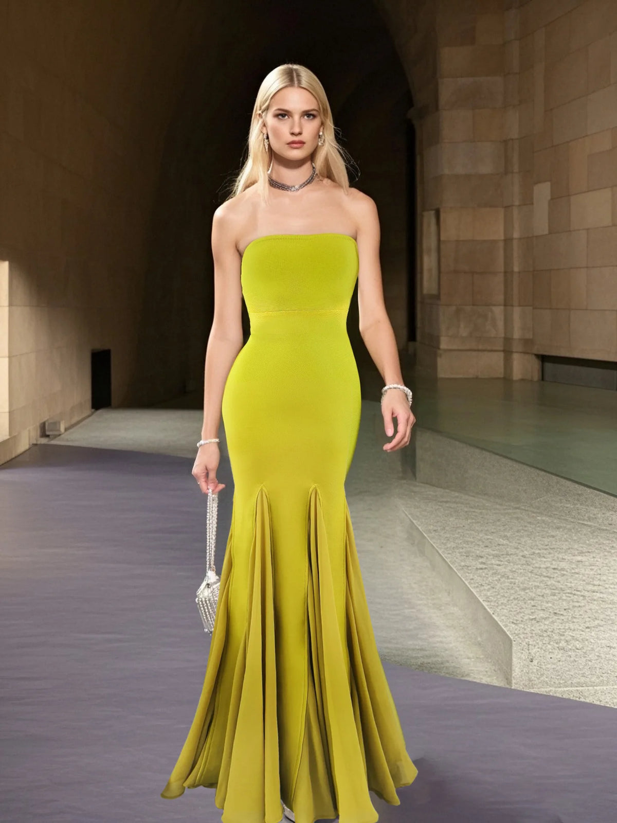 2025 New Fashion Yellow Color Women Sexy Strapless Bodycon Bandage Long Dress Celebrate Birthday Party Evening Outfit Wholesale