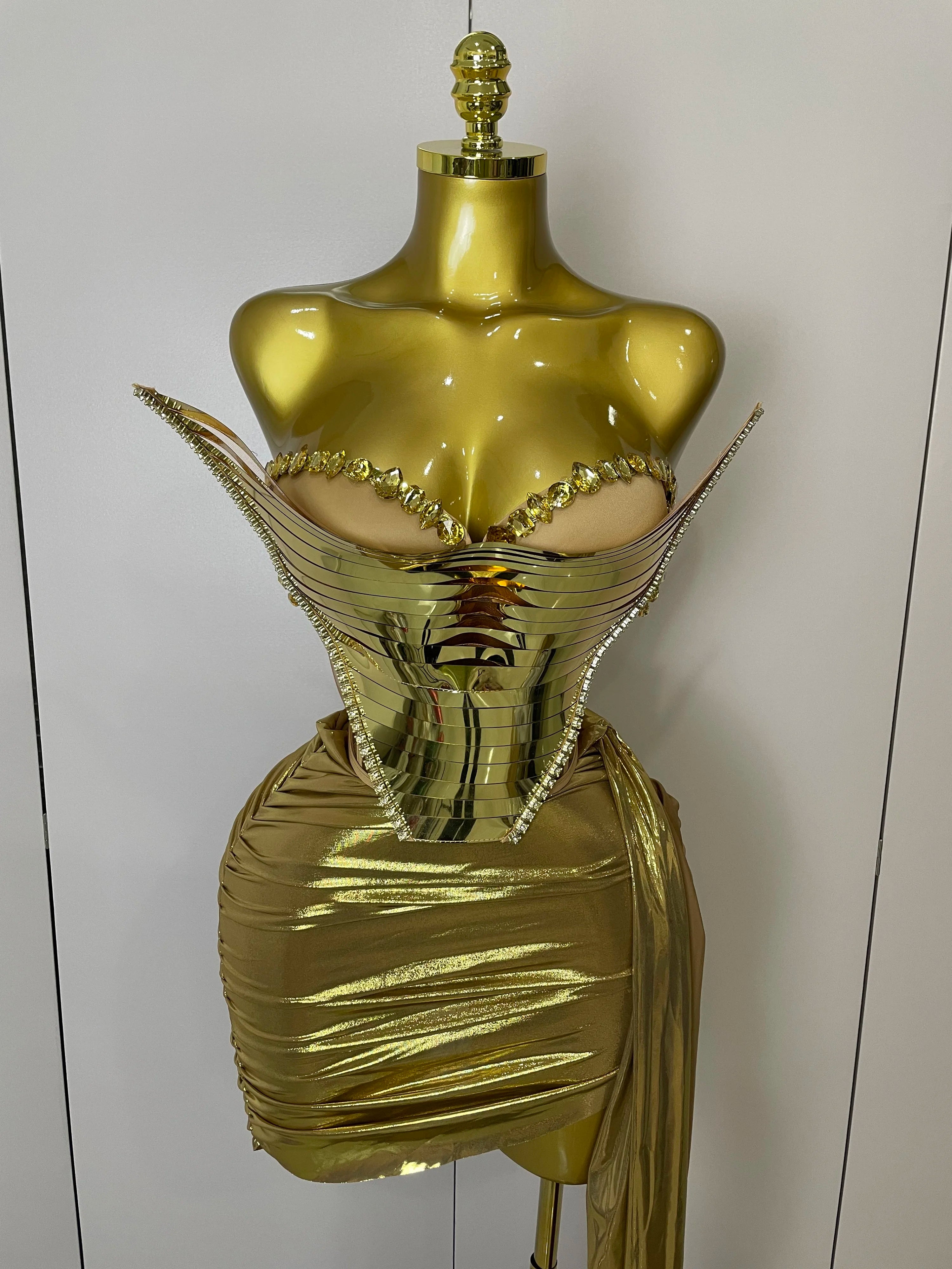 2025 Sparkly Gold Sequin Sexy Top Two Pieces Set Women Celebrate Party Birthday NightClub Performance Dancer Show Stage Outfit
