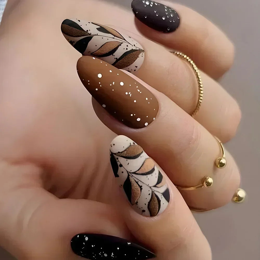 24Pcs Autumn Winter Matte Almond False Nails with Glue Rose Leaf Printing Nail Art Simple Full Cover Press on Acrylic Nails Tips