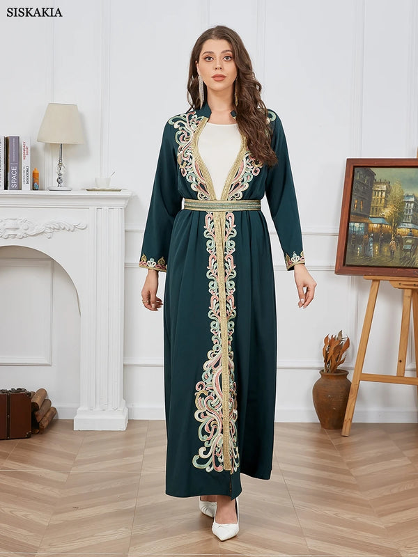 Women Dubai Abaya Jalabiyat Fashion 2 Set White Under Dress And Lace Tape Long Sleeve Belted Moroccan African Kaftan