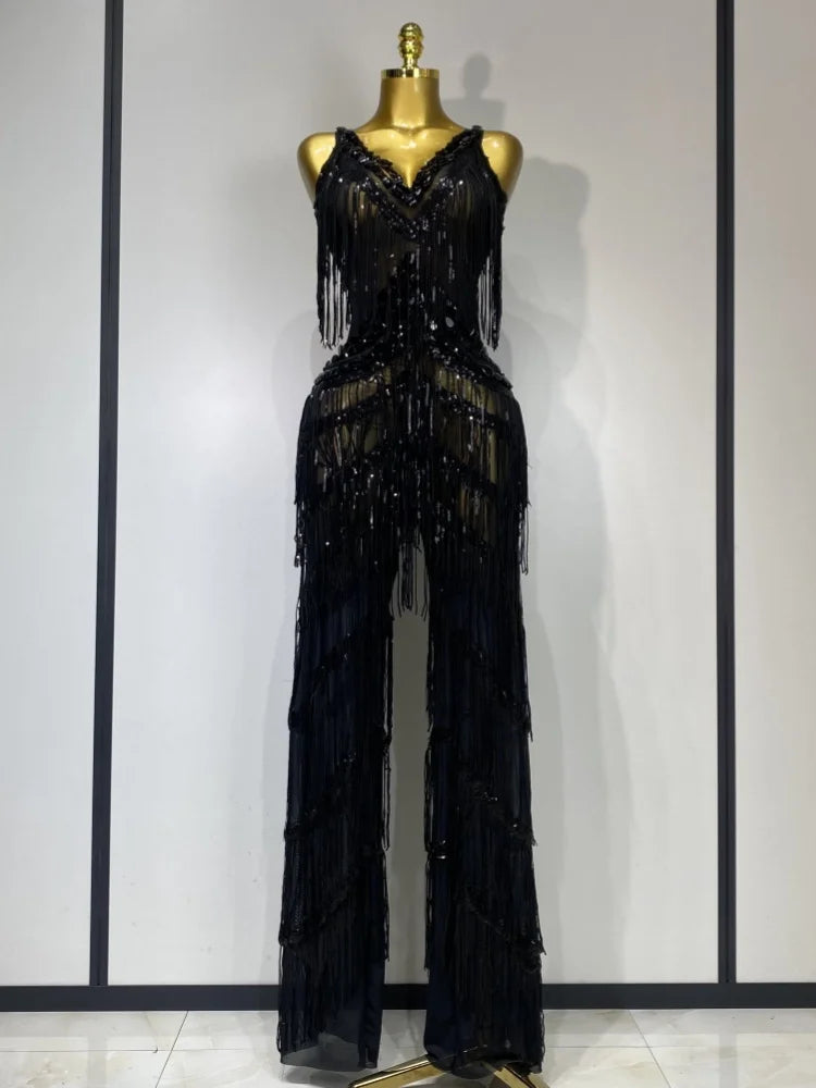 Women Sparkly Glod Rhinestones Sequined Fringe jumpsuit Sexy Nightclub Party Birthday Outfit Show Singer Stage Perform Costume