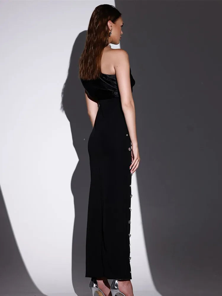 Women Sexy One Shoulder Diamonds Pink Black Maxi Long Bodycon Bandage Dress Elegant Evening Club Party Dress