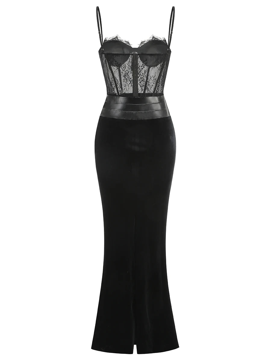 Black Color Women Sleeveless Sexy Strap Lace Bodycon Long Dress Valentine's Day Celebrate Birthday Vacation Outfit Vestido