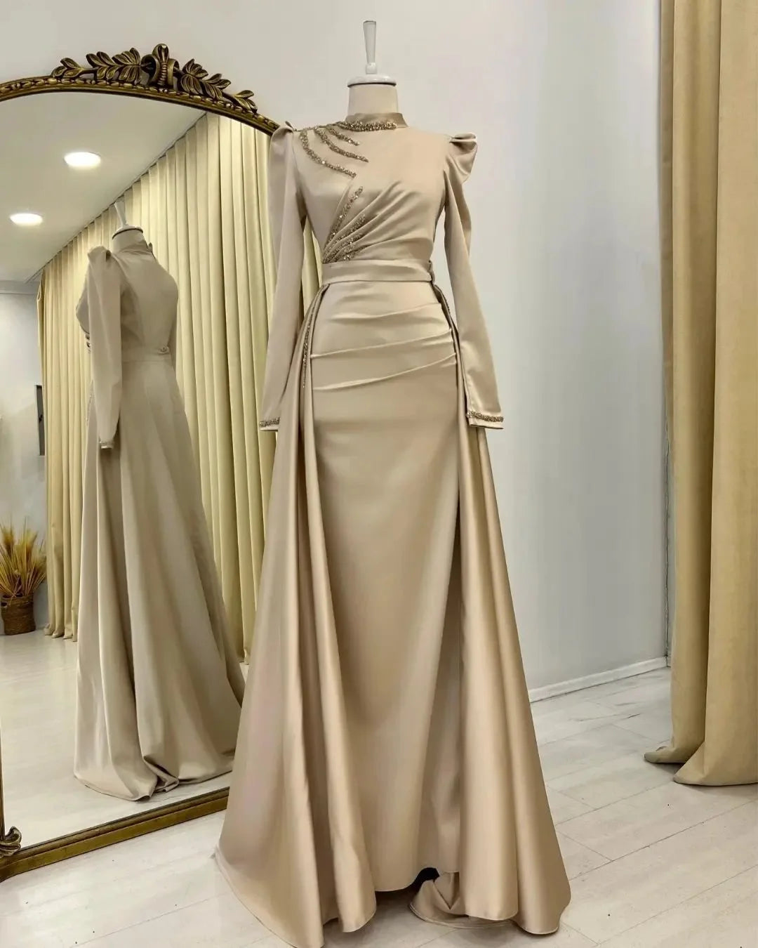 Elegant Muslim Evening Gown Mermaid Long Sleeve Formal Dress High Neck Arabia Dubai Wedding Party Dress Vestidos De Noite