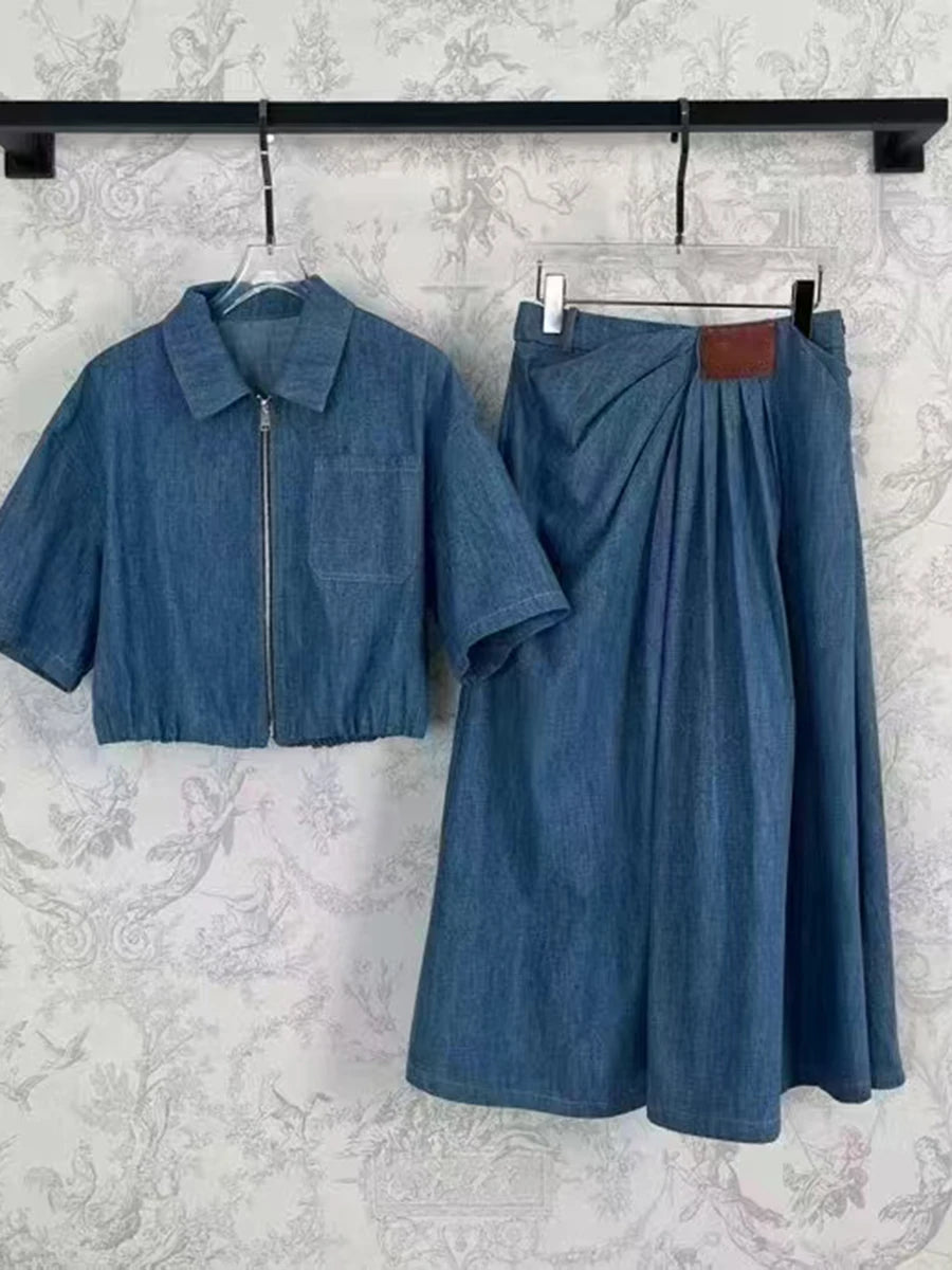 TWOTWINSTYLE Solid Causal Two Piece Sets for Women Lapel Short Sleeves Spliced Zipper Top High Waist Skirt Set Female Fashion
