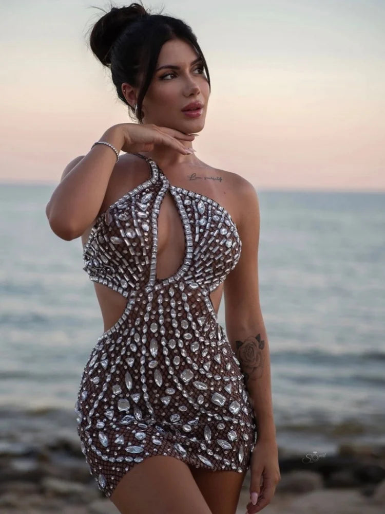Stock Women Luxury Sexy Mesh Sequins Crystal Diamonds Mini Dress Birthday Party Costume Bar Nightclub Stage Performance Dress